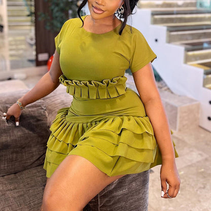Women Clothing Solid Color Tight Sweet Fresh Pleated dress Short Sleeve round Neck Short Dress