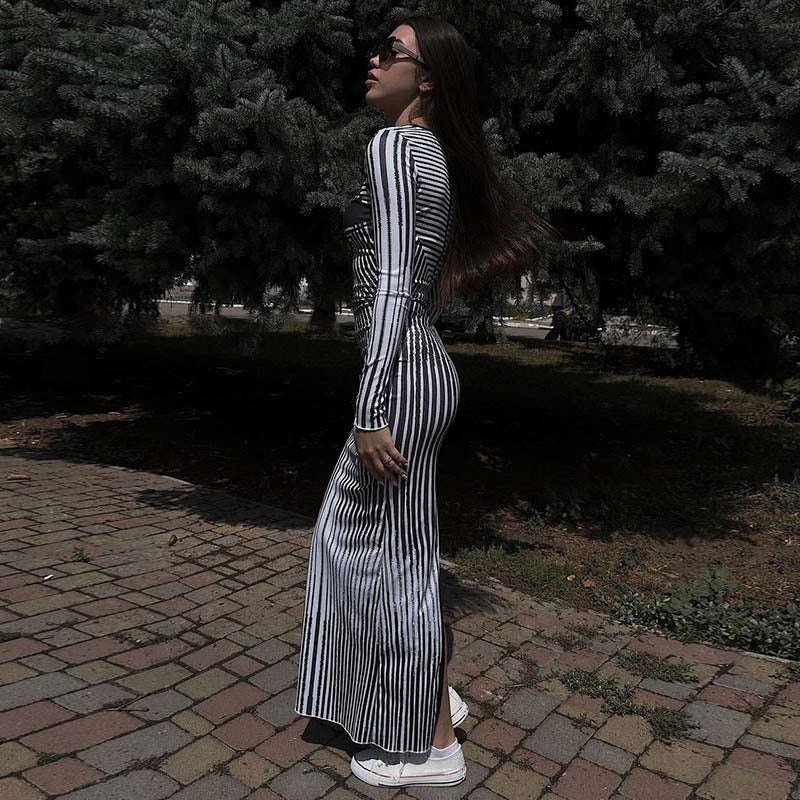 Fall Women Clothing round Neck Long Sleeve Slim Fit Figure Flattering 3D Striped Printed Sheath Dress Women