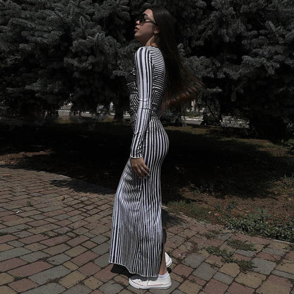 Fall Women Clothing round Neck Long Sleeve Slim Fit Figure Flattering 3D Striped Printed Sheath Dress Women
