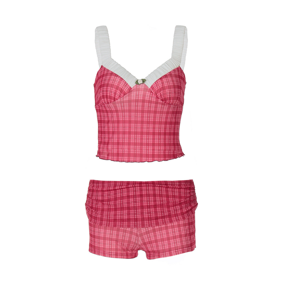 Women Clothing Spring Patchwork Contrast Color Wooden Ear Small Tank Top Tight Shorts Set