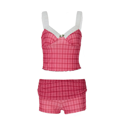 Women Clothing Spring Patchwork Contrast Color Wooden Ear Small Tank Top Tight Shorts Set