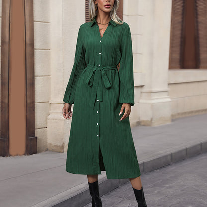 Women Autumn Long Sleeve Pleated Cardigan Dress Office Collared Shirt Dress