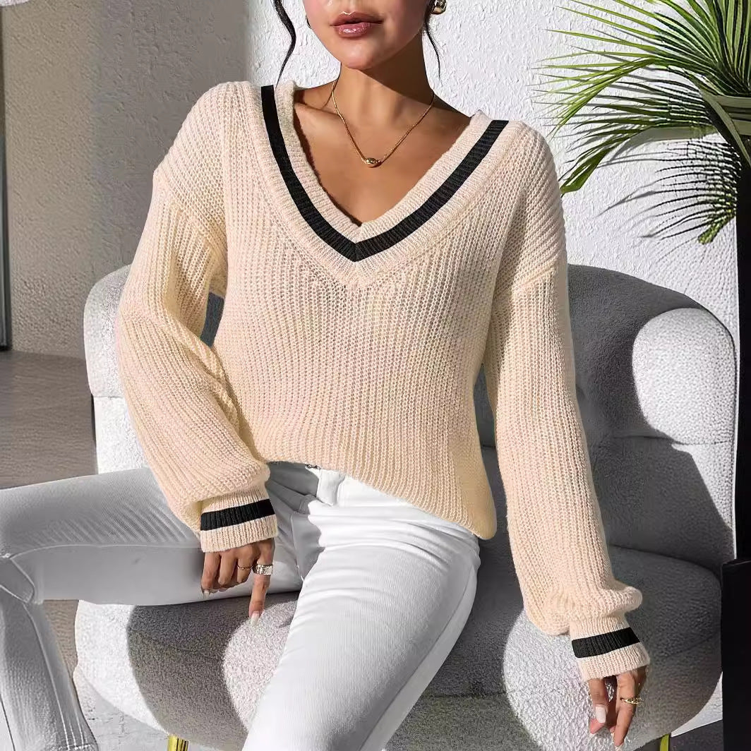 Women Clothing Preppy Women Top Color Contrast Patchwork V neck Long Sleeve Woven Sweater Casual Bottoming Shirt