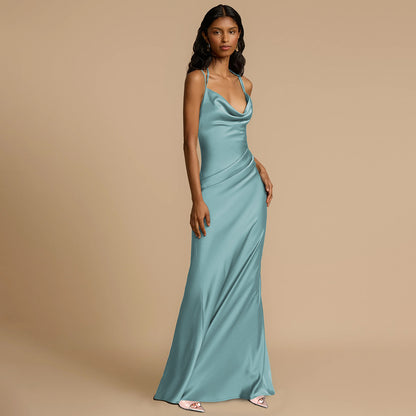 Women Clothing Spring Summer Sexy Backless Evening Dress Solid Color Swing Collar Dress