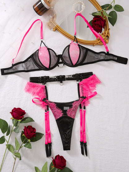 Summer Color Contrast Sexy Lace Stitching Mesh Sexy Underwear Garter Three Piece Set
