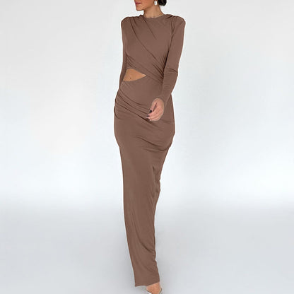 Spring Hip Slim Pleated Dress Solid Color round Neck Long Sleeve Split Hollow Out Cutout Dress Women