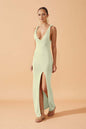 Summer Sexy Deep V Plunge Neck Backless Slit Knitted Dress Solid Color High Waist Slim Fit Holiday Beach Dress