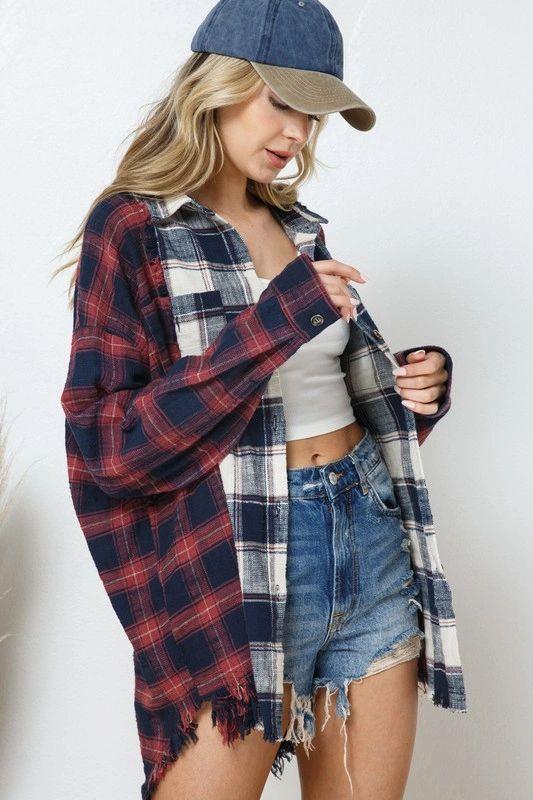 Autumn Winter Color Matching Plaid Hem Wadding Long Sleeve Shacket Women