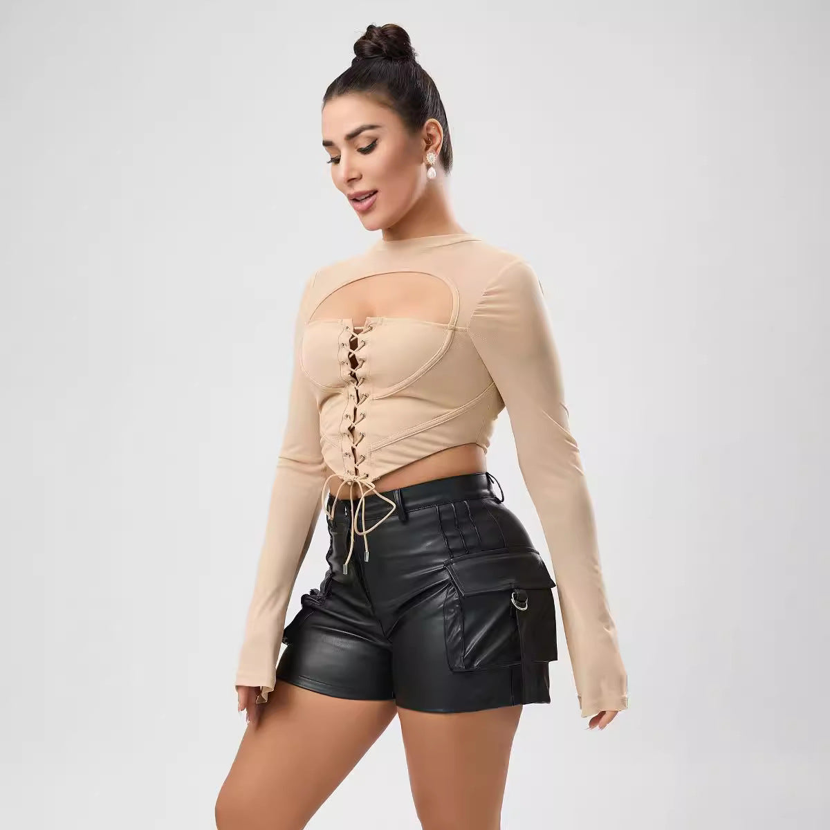 Sexy Women Autumn Solid Color Casual Backless Half High Collar Long Sleeves Strap Mesh Slim Fit Short Top