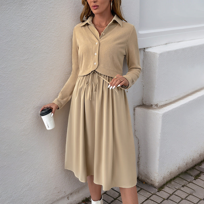 Women Clothing Shirt Dress Solid Color Collared Long Sleeve Faux Two Pieces Dress