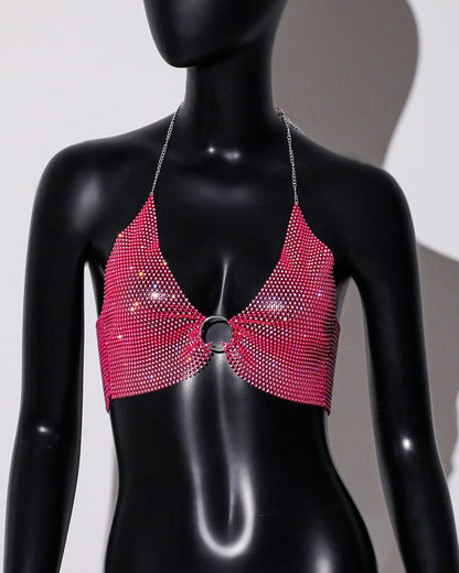 Women Clothing Sweet Spicy Top Wall Mounted Sling Fishnet Rhinestone Camisole Summer Dopamine Sling