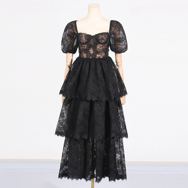 Elegant Lady Dress Summer Square Collar Puff Sleeve Lace Embroidered Layered Dress for Women