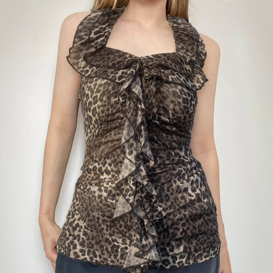 Sexy Leopard Print Ruffled Stitching Halter Backless Slim Fit Tank Top Sexy Sleeveless Top