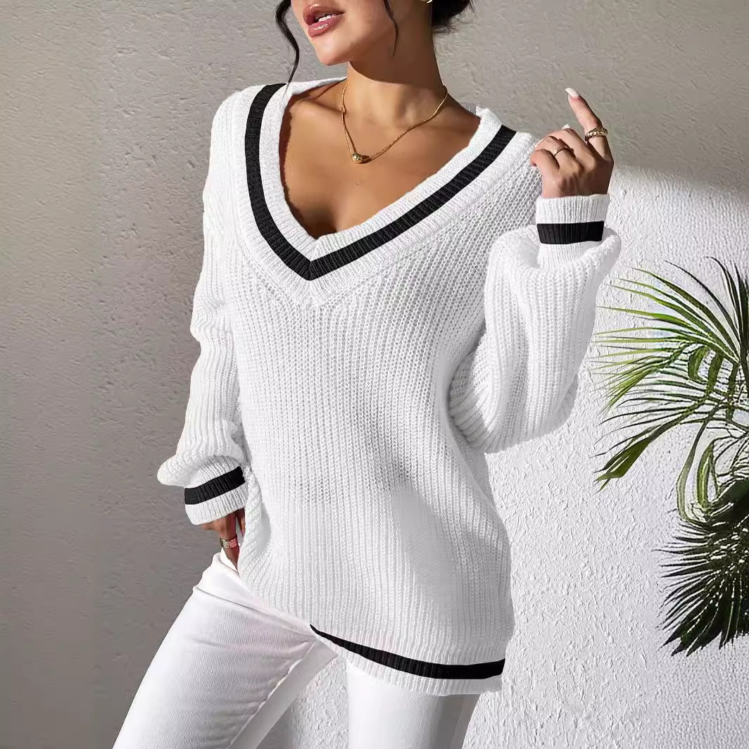 Women Clothing Preppy Women Top Color Contrast Patchwork V neck Long Sleeve Woven Sweater Casual Bottoming Shirt