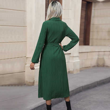 Women Autumn Long Sleeve Pleated Cardigan Dress Office Collared Shirt Dress