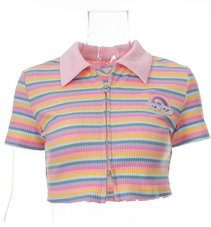 Women Sexy Top Rainbow Striped Contrast Color Slim Fit Collared Polo Shirt Short Sleeve T shirt Women