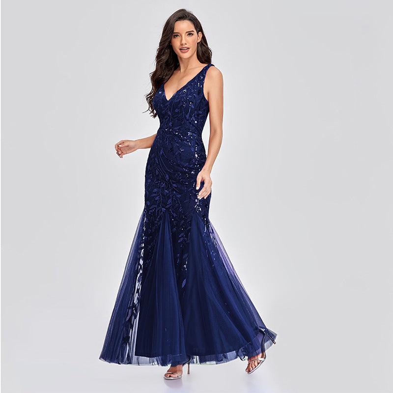 Evening Dress V neck Tulle Embroidered Sequ Sexy Mermaid Prom Dress Women Formal Dress