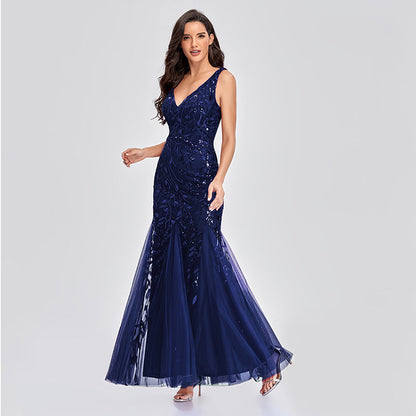 Evening Dress V neck Tulle Embroidered Sequ Sexy Mermaid Prom Dress Women Formal Dress