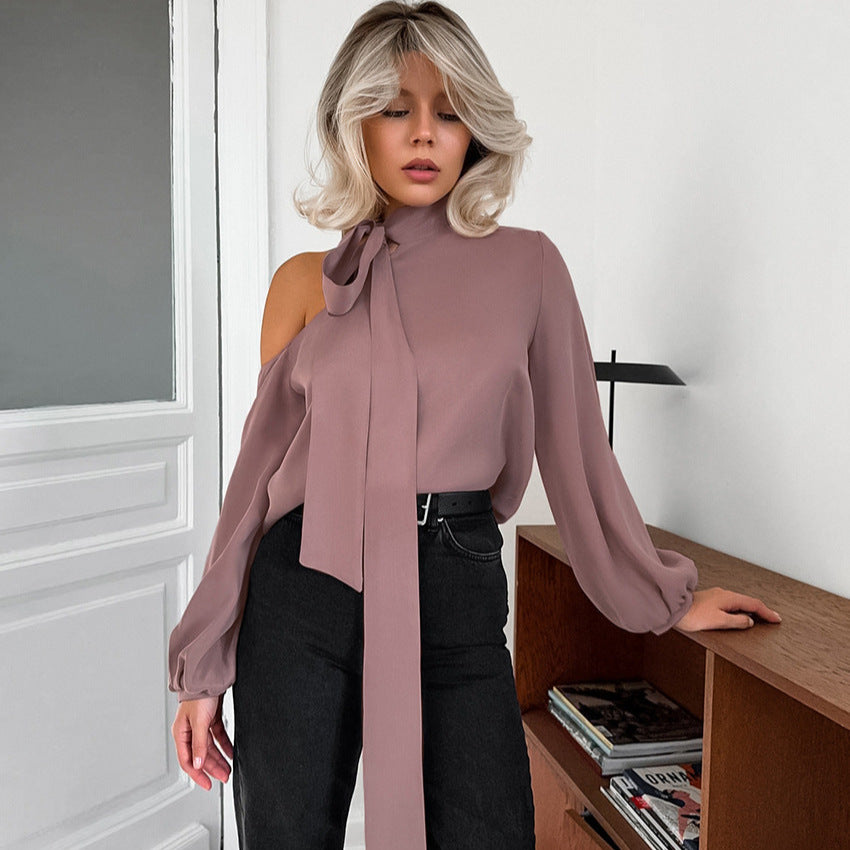 Satin Irregular Asymmetric Collar Sexy Strapless Long Sleeve Shirt Autumn Design Top