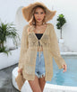 Women Beach Vacation Blouse Women Woven Lace Up Cardigan Long Sleeve Sun Protection Coat Bikini Cover Up