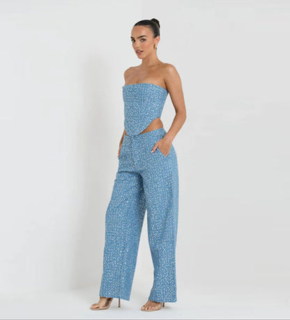 Spring Summer Denim Sequ Tube Top Wide Leg Pants Suit