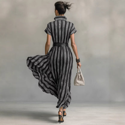 Elegant Women Clothing with Belt Short Sleeve Striped Shirt Dress