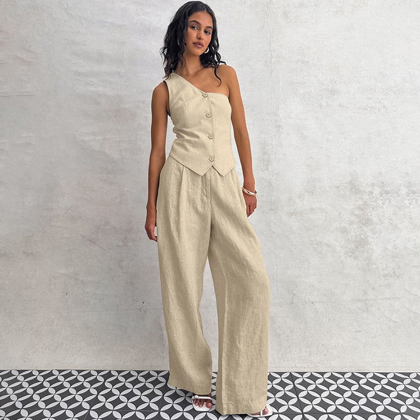 Spring Summer Cotton Linen Sleeveless Vest Irregular Asymmetric Collar Two Piece Set