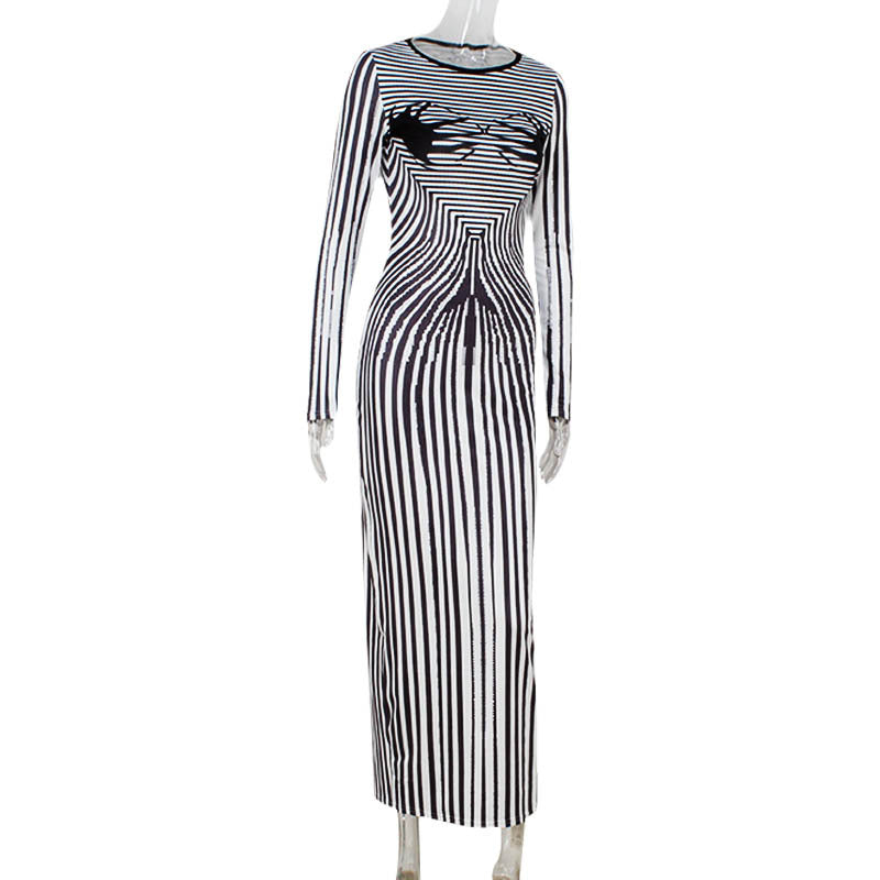 Fall Women Clothing round Neck Long Sleeve Slim Fit Figure Flattering 3D Striped Printed Sheath Dress Women