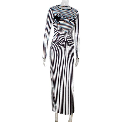 Fall Women Clothing round Neck Long Sleeve Slim Fit Figure Flattering 3D Striped Printed Sheath Dress Women