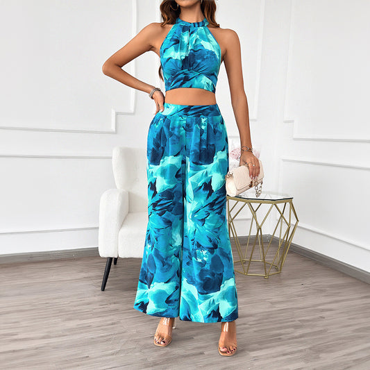 Spring Summer Casual Commuting Vacation Contrast Color Halter Top Wide Leg Pants Set Women