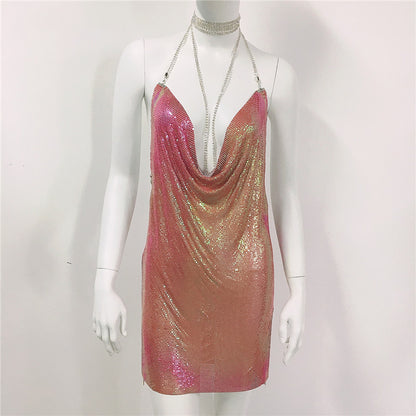 Metallic Coated Fabric Women Clothing Metal Sequ Dress Sexy Sweet Spicy Dress Rhinestone Cami Dress Women