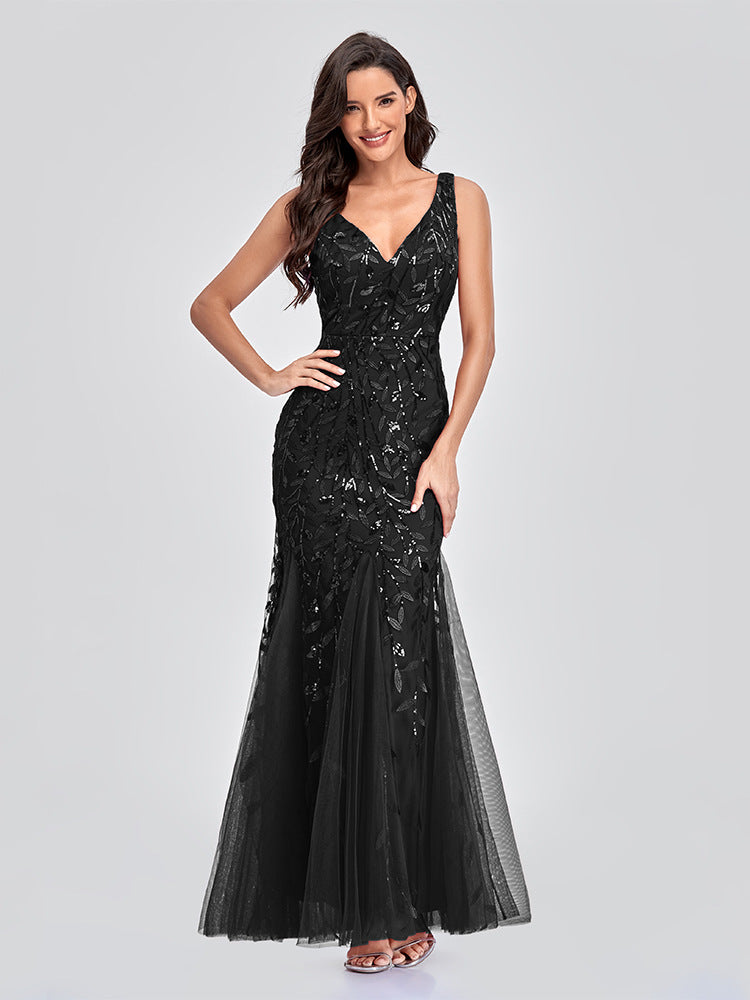 Evening Dress V neck Tulle Embroidered Sequ Sexy Mermaid Prom Dress Women Formal Dress