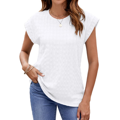 Spring Summer Solid Color Jacquard Loose Fitting round Neck Short Sleeve T shirt Top Women