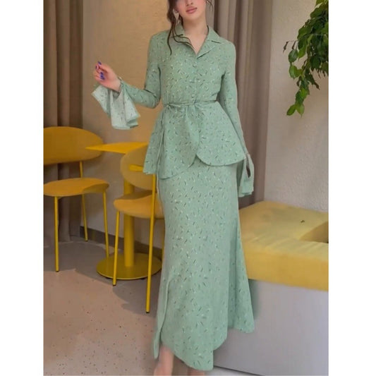 Women Clothing Small Floral High Quality Waist Long Sleeve Top Skirt Two Piece Set