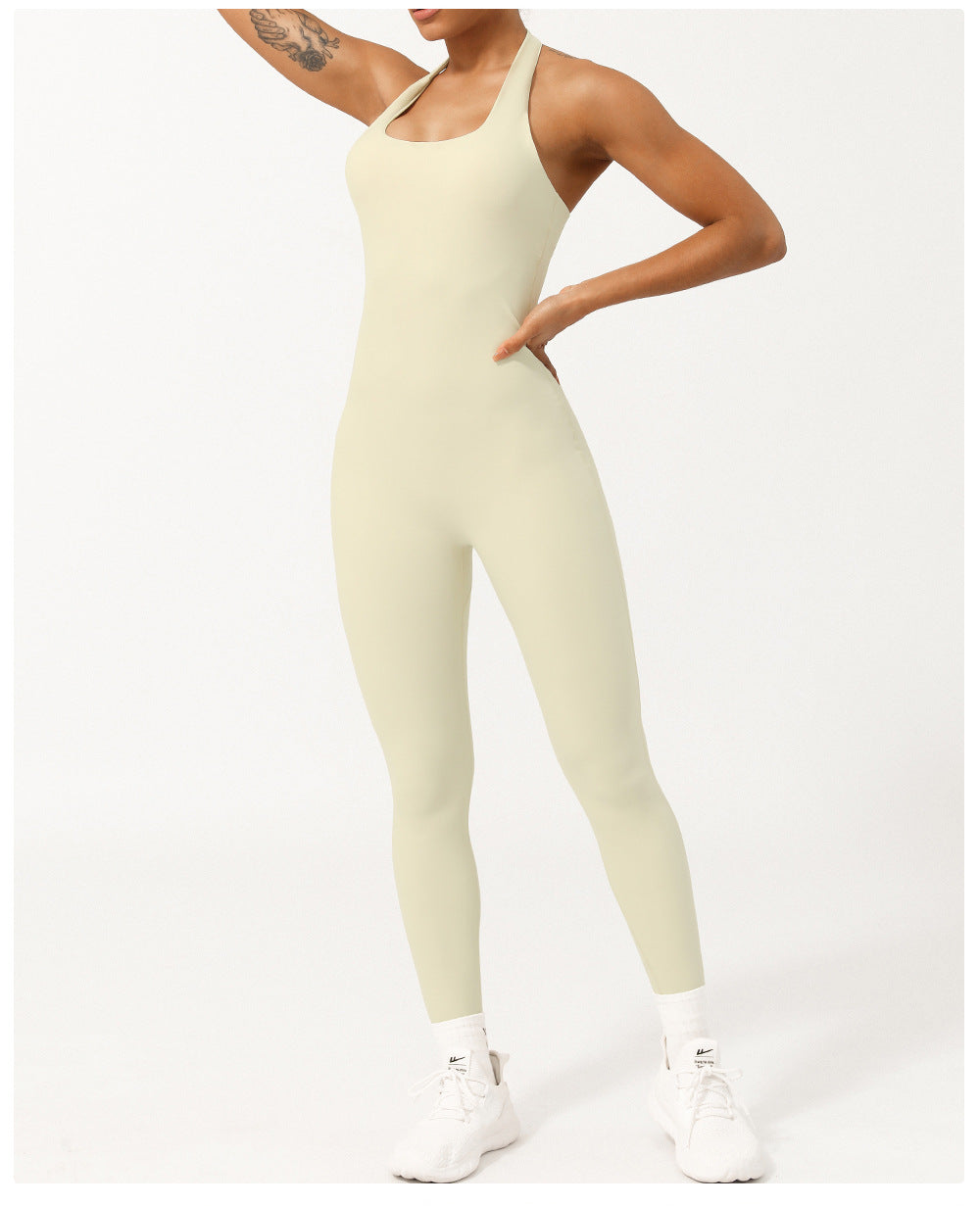 Summer Halter Low Collar Tight Waist Yoga Jumpsuit Body Shaping Non-Stitching Hip Lifting Jumpsuit with Chest Pad