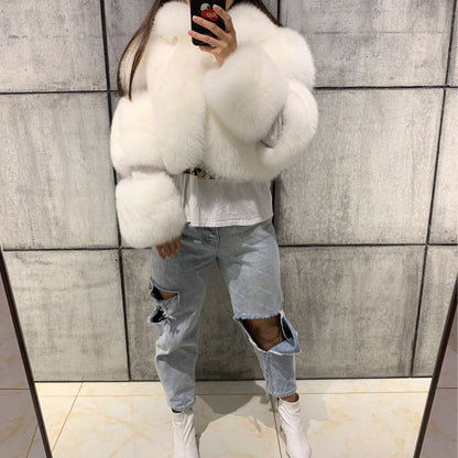 Haining Fur Coat Women Clothing Faux Fur Women Coat Collared Patchwork Artificial Fur