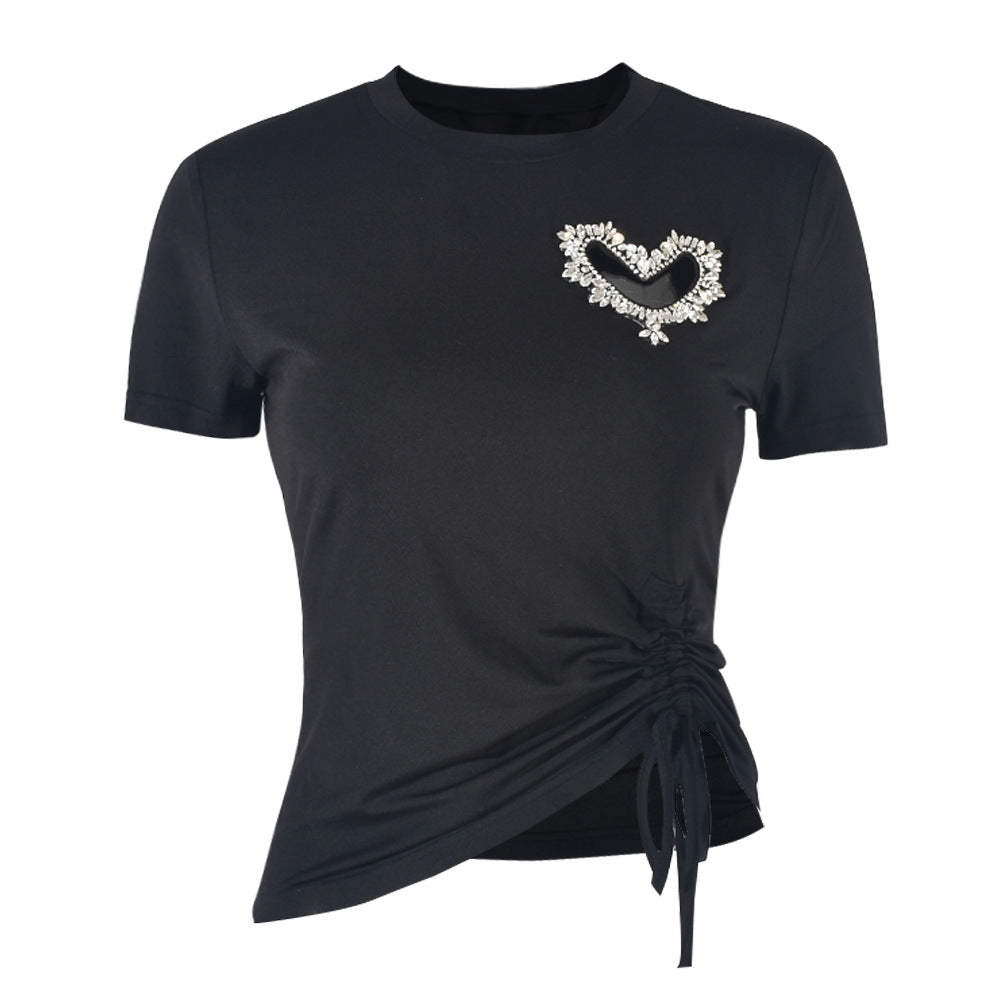 Summer T hirt Round Neck Cropped Heart Rhinestone Hollow Out Cutout out Tied Drawstring Solid Color Short Sleeve Women Clothing