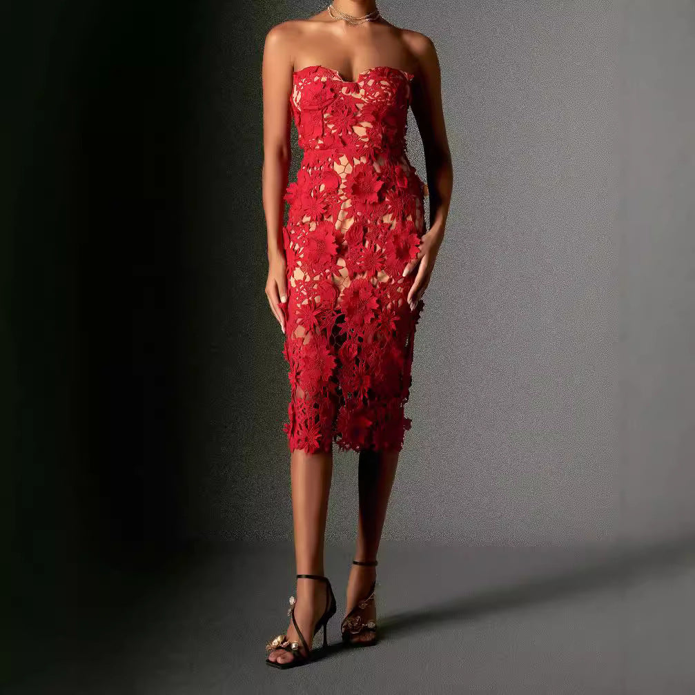 Women Sexy Summer Tube Top Lace Cocktail Women Mid Length Evening Dress