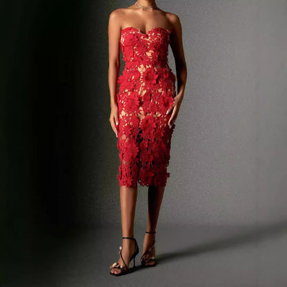 Women Sexy Summer Tube Top Lace Cocktail Women Mid Length Evening Dress