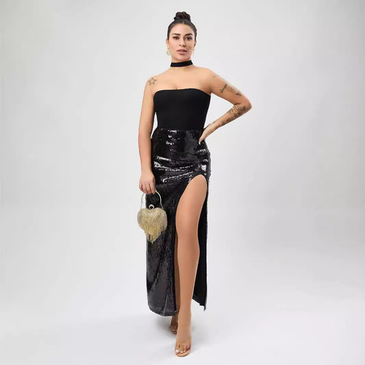 High Quality Sexy Slit Sequin Dress Autumn Women Clothing High Sense Tutu