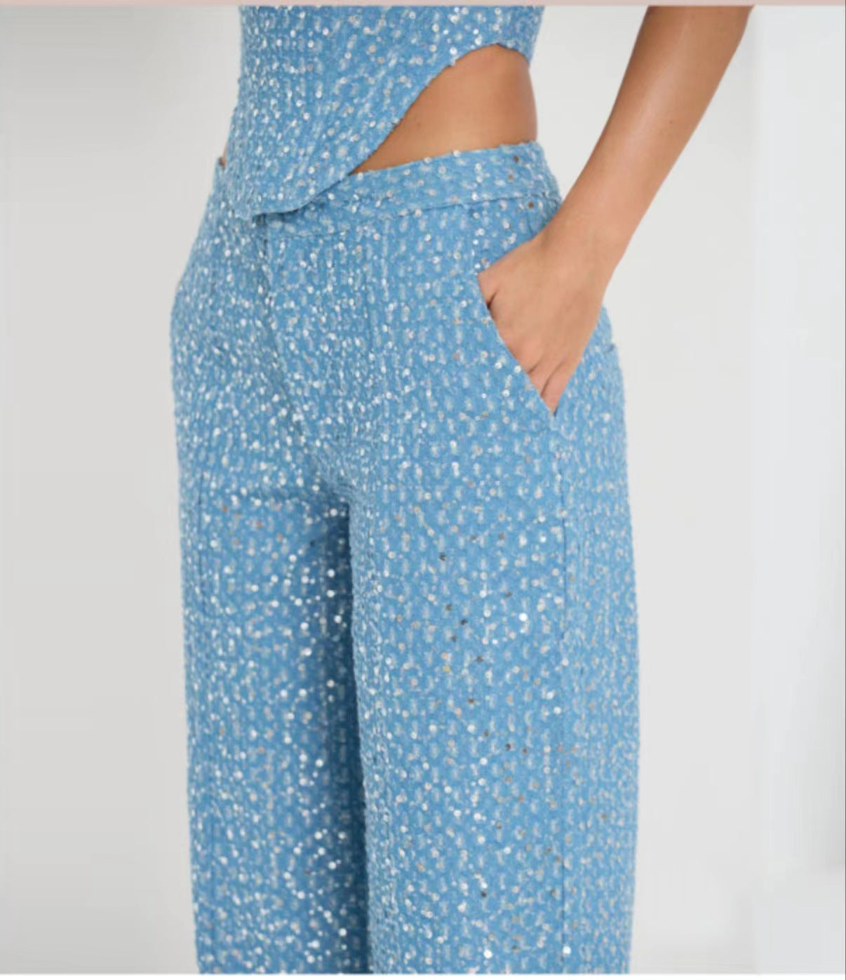 Spring Summer Denim Sequ Tube Top Wide Leg Pants Suit