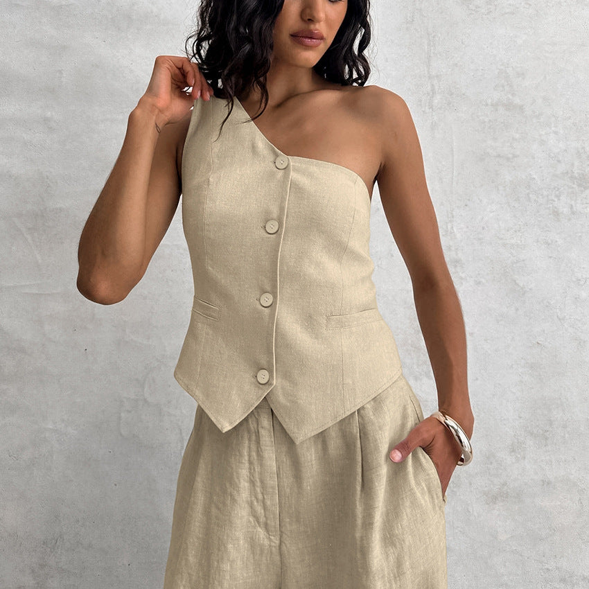 Spring Summer Cotton Linen Sleeveless Vest Irregular Asymmetric Collar Two Piece Set