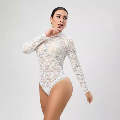 Sexy Lace Jumpsuit White Design Blouse Long Sleeve High Grade Women Clothing