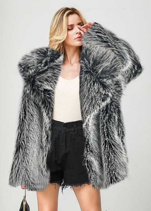 Popular Autumn Winter Faux Fur Mid Length Coat Warm Faux Fur Coat