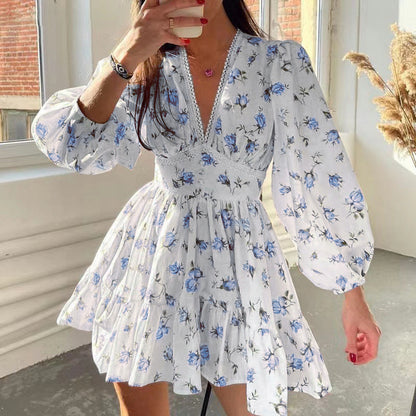 Spring Women Clothing Sweet Elegance Printed V neck Lace Waist Trimming Short Dress