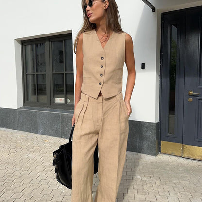 Solid Color Cotton Linen Office V neck Vest Trousers Two Piece Summer All-Matching Casual Set Women