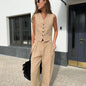 Solid Color Cotton Linen Office V neck Vest Trousers Two Piece Summer All-Matching Casual Set Women