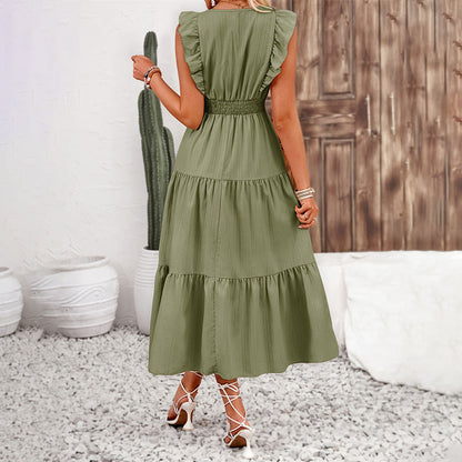 Ruffled Smocking Slim Fit Solid Color Jacquard Long Sleeveless Dress Spring Summer Women Dress Tiered Dress