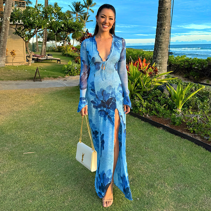 Women Chiffon Printed Robe Blouse Sexy Slit Vacation V neck Dress