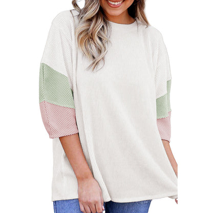 Summer Pullover Three Quarter Sleeve Top Women Color Block Stitching Loose Slim Fit T Shirt Women